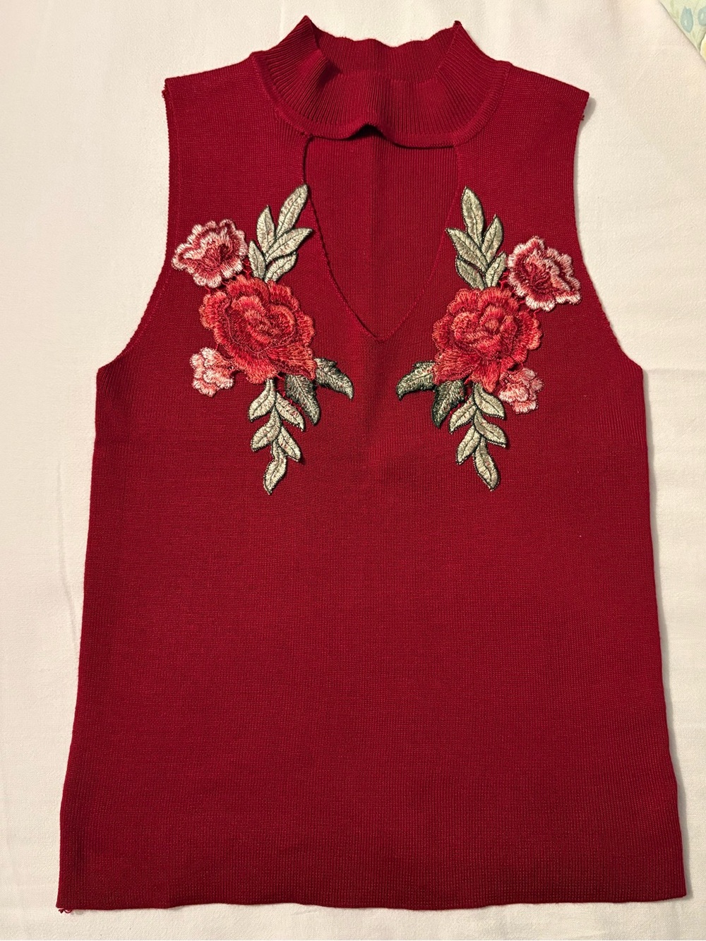 Red Floral Embroidered Sleeveless Knit Tank with Mock Neck